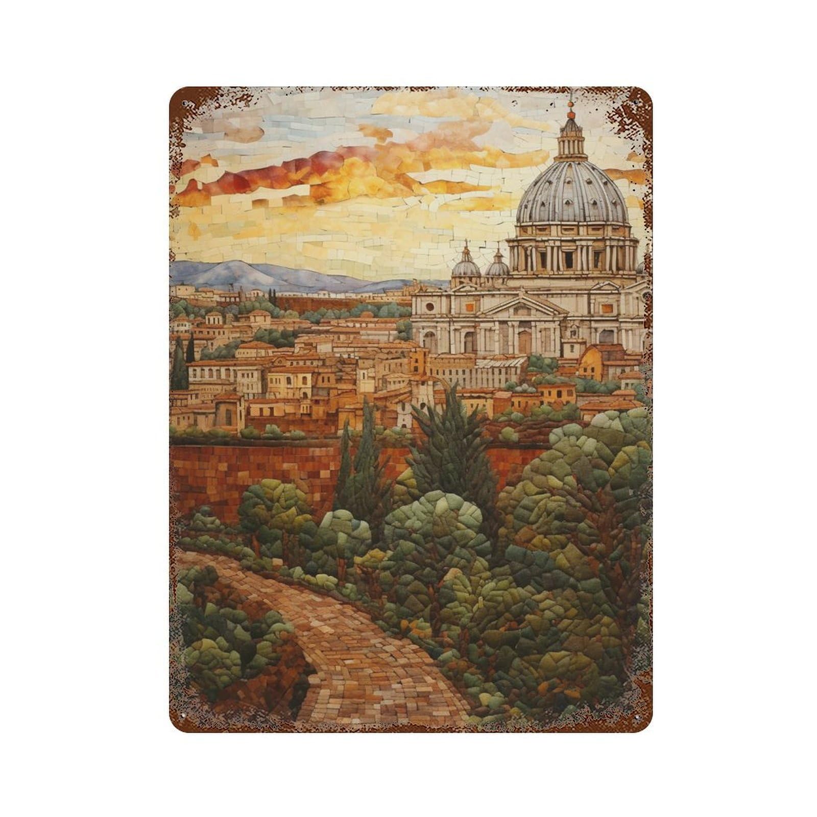 Garage Style Rome Cityscape Mosaic Art Rustic Tin Plaque 15.7"x11.8", Farmhouse Wall Decor for Bar And Workshop