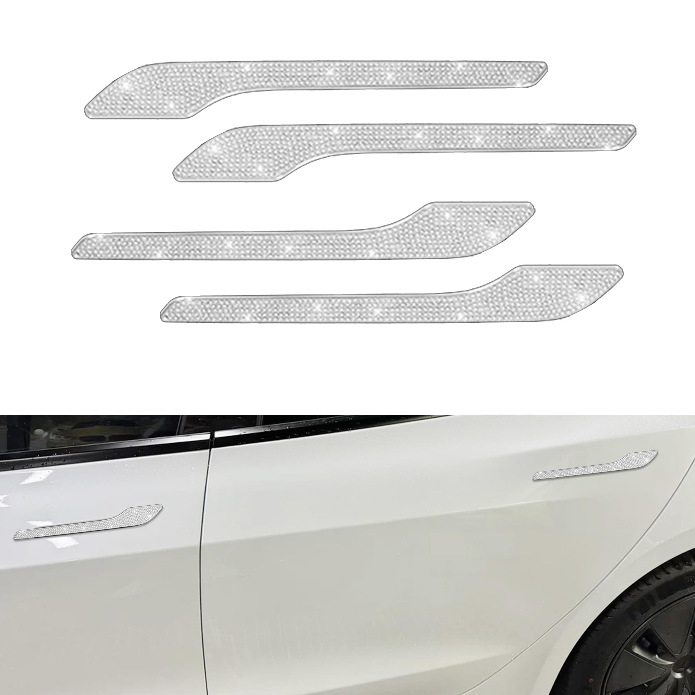 SXunacou Model 3 Y Carbon Brazed Door Handle Sticker 4-Piece Set, Door Handle Decorative Accessory, Suitable for Tesla Model 3 and Model Y (Silver