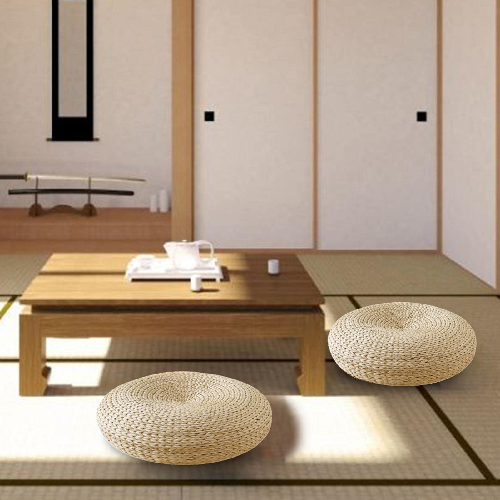Ardorman Futon, Cuscino in Vimini Naturale, Traspirante, Cuscino Rotondo da Pavimento, in Rattan, Fatto a Mano, in Paglia Tessuto, Decorazione per Salotto da Giardino
