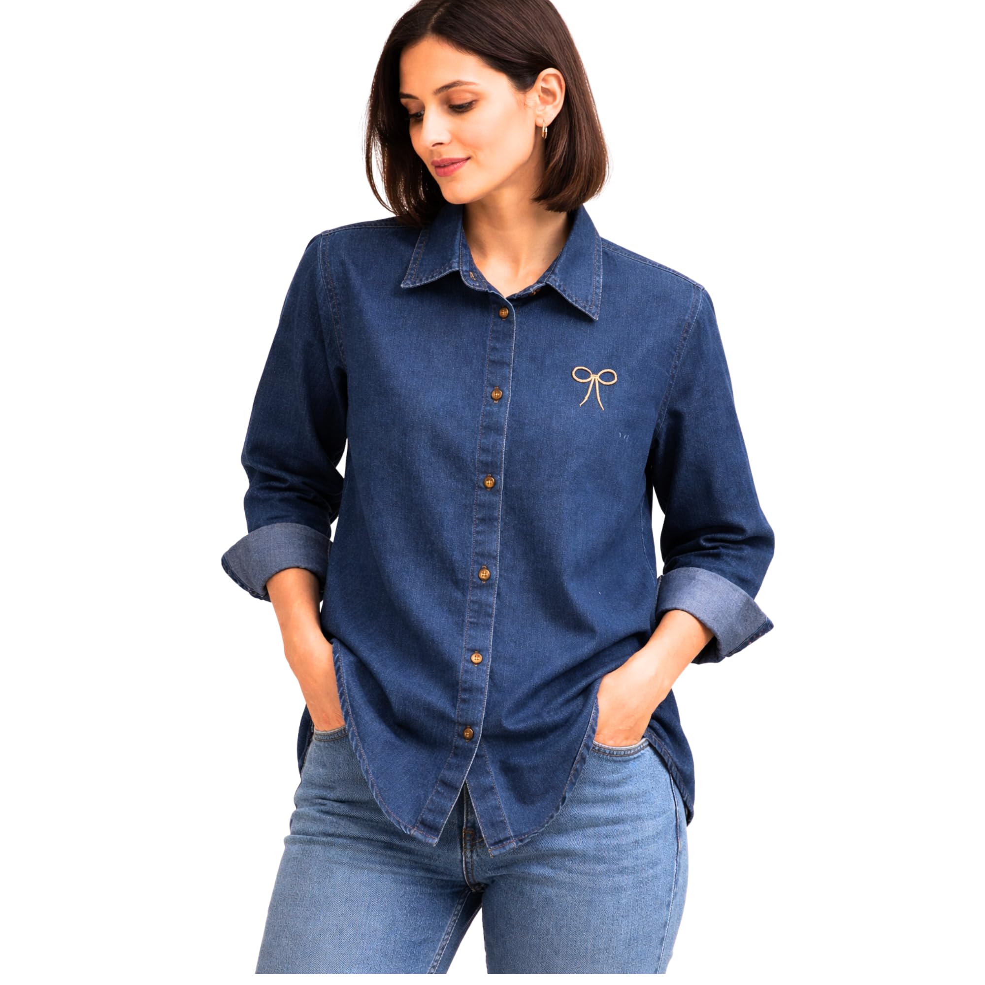 effortless denim charm classic indigo button-down shirt with minimal bow relaxed fit casual denim top everyday street style women's fashion shirt