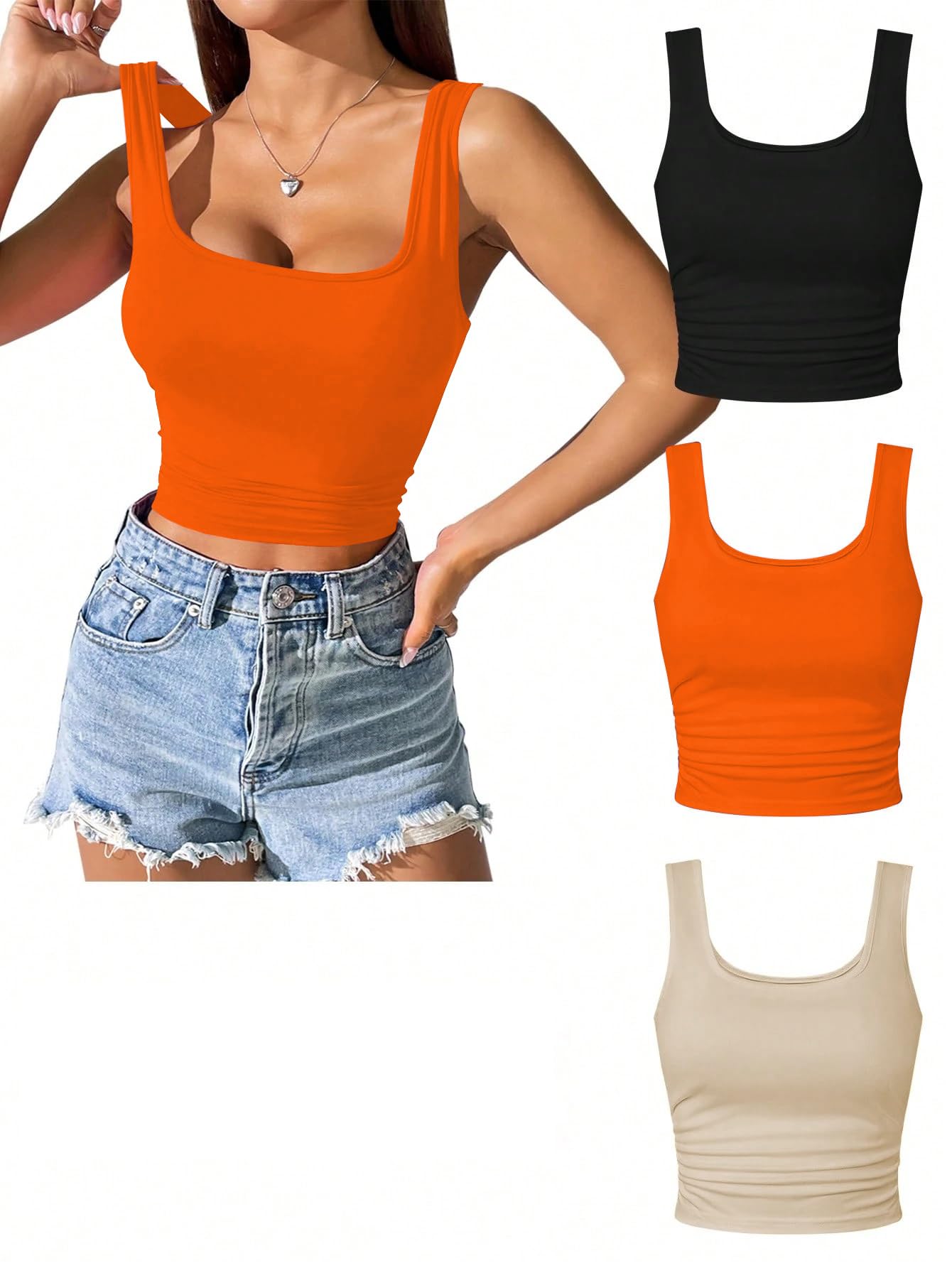 Toochki Top da donna crop top per donna canotta activewear t-shirt sport casual scollo quadrato canotta in cotone confezione da 3