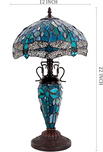 Miniatura 6 de WERFACTORY Tiffany - Lámpara de mesa estilo libélula azul mar, 12 x 12 x 22 pulgadas, florero para madre e hija, decoración de escritorio, luz de