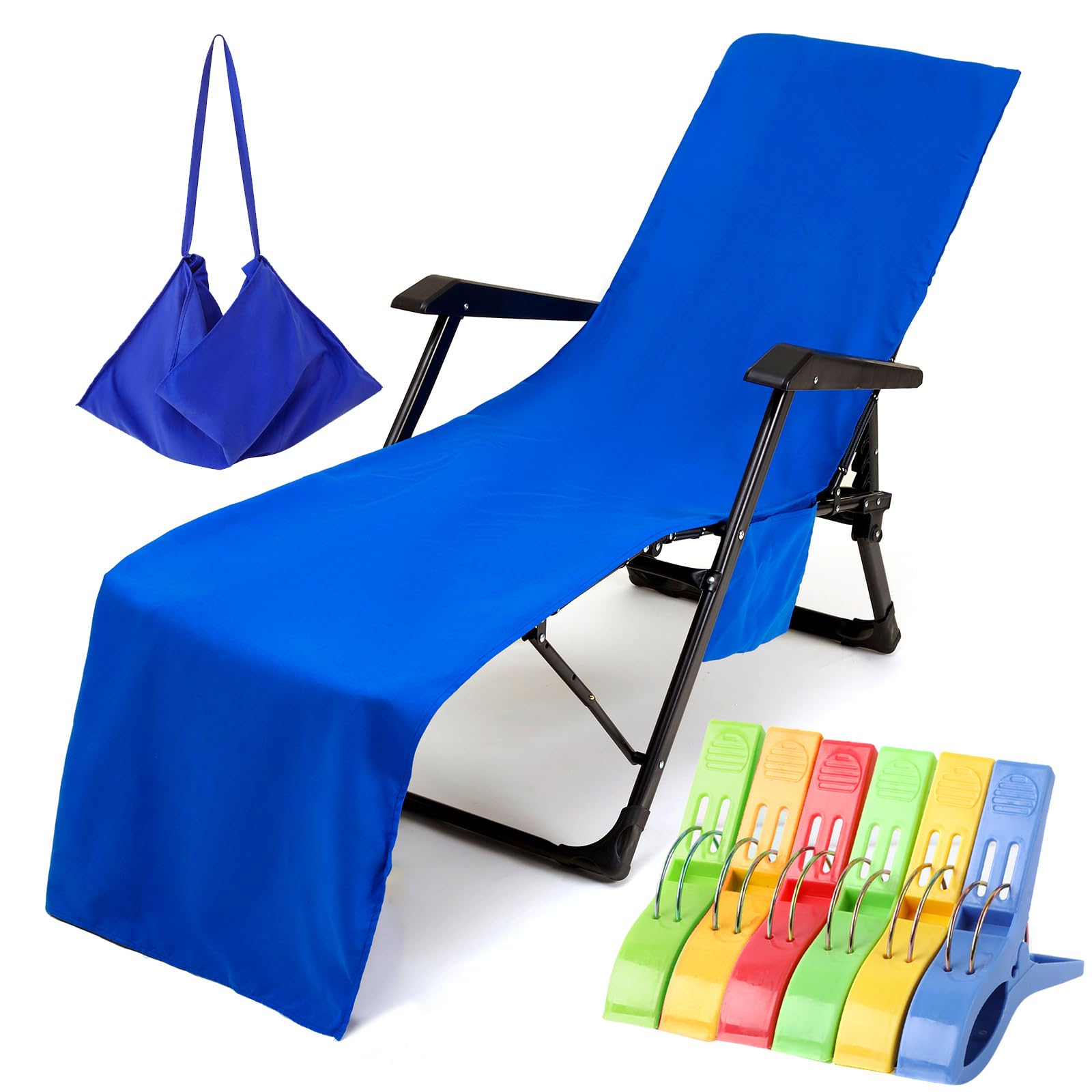 Vocool Blue Chaise Lounge Cover Pool Chair Cover Soft And Quick Dry Beach Chair Towel Cover With Pocket For Sun Lounger Pool Sunbathing Garden Beach Hotel, No Slide, 85" L X 30" W