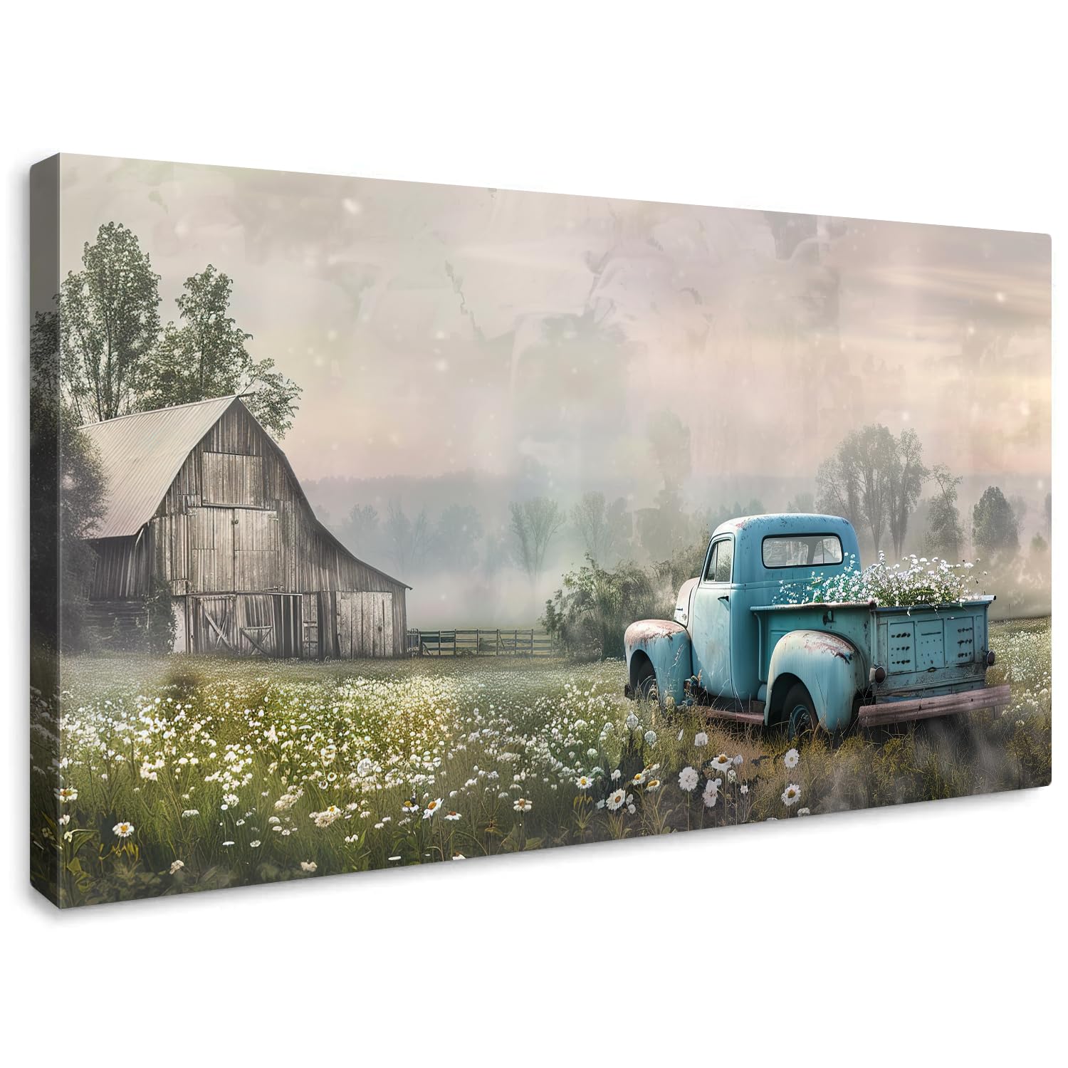 GRALALA Farmhouse Canvas Wall Art Vintage Pickup Pastoral Barn Scene Painting Rustic Blue Truck with Blooms Spring Floral Accents Artwork Prints for