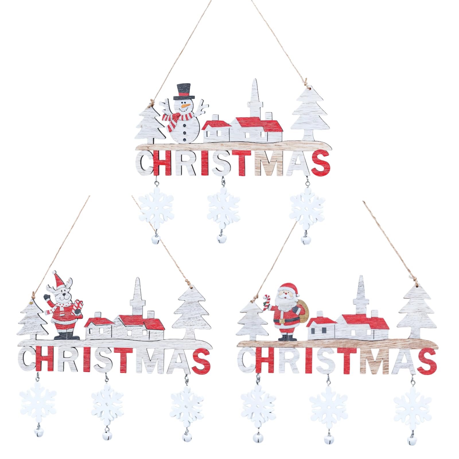 Christmas Door Hanging Decorations, Wooden 3 Pcs Set, 7.9 X 8.7 Inch Signs with Snowflake Bells, Santa, Snowman, Reindeer for Indoor Outdoor Kitchen Home Party