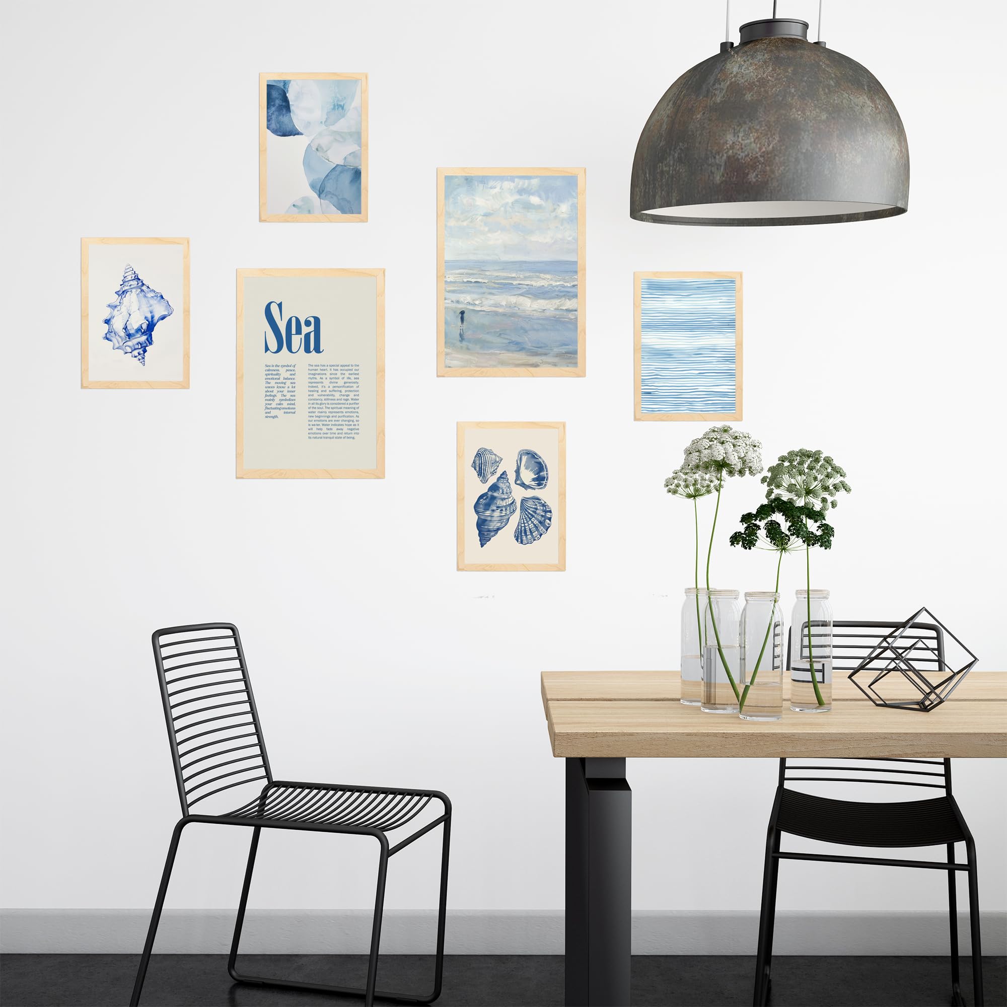 Nacnic Set de 6 Cuadros Ilustraciones Marino, azul, mar y verano ilustración de diseño para decorar las paredes del hogar. Habitación A3 y A4 Marco madera clara