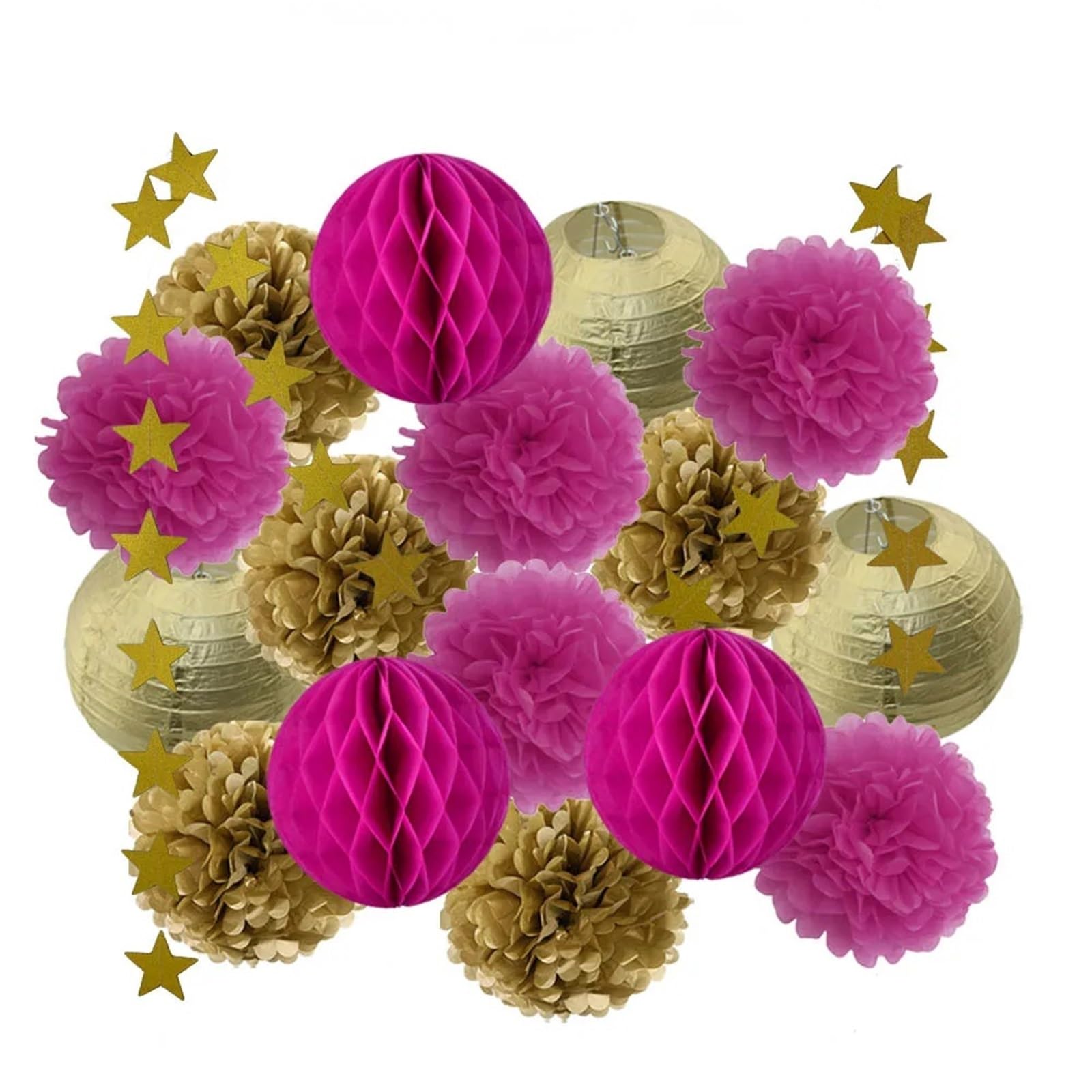 Paper Pom Poms Wedding Ceremony Events Decor Gold Paper Lanterns Honeycomb Red Tissue Pompom for Party Supplies(Gold Rose Red)