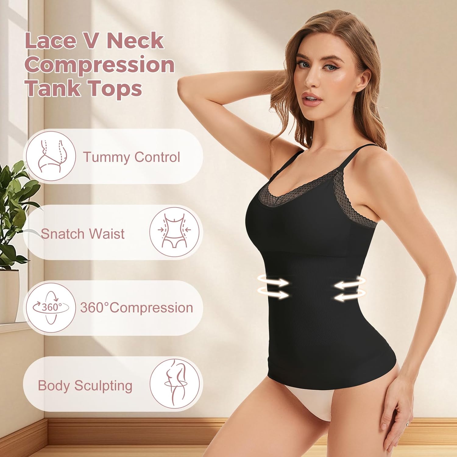 Women Tummy Control Shapewear Tank Tops Lace V Neck Compression Cami Tops Slimming Shaping Cami - Image 2