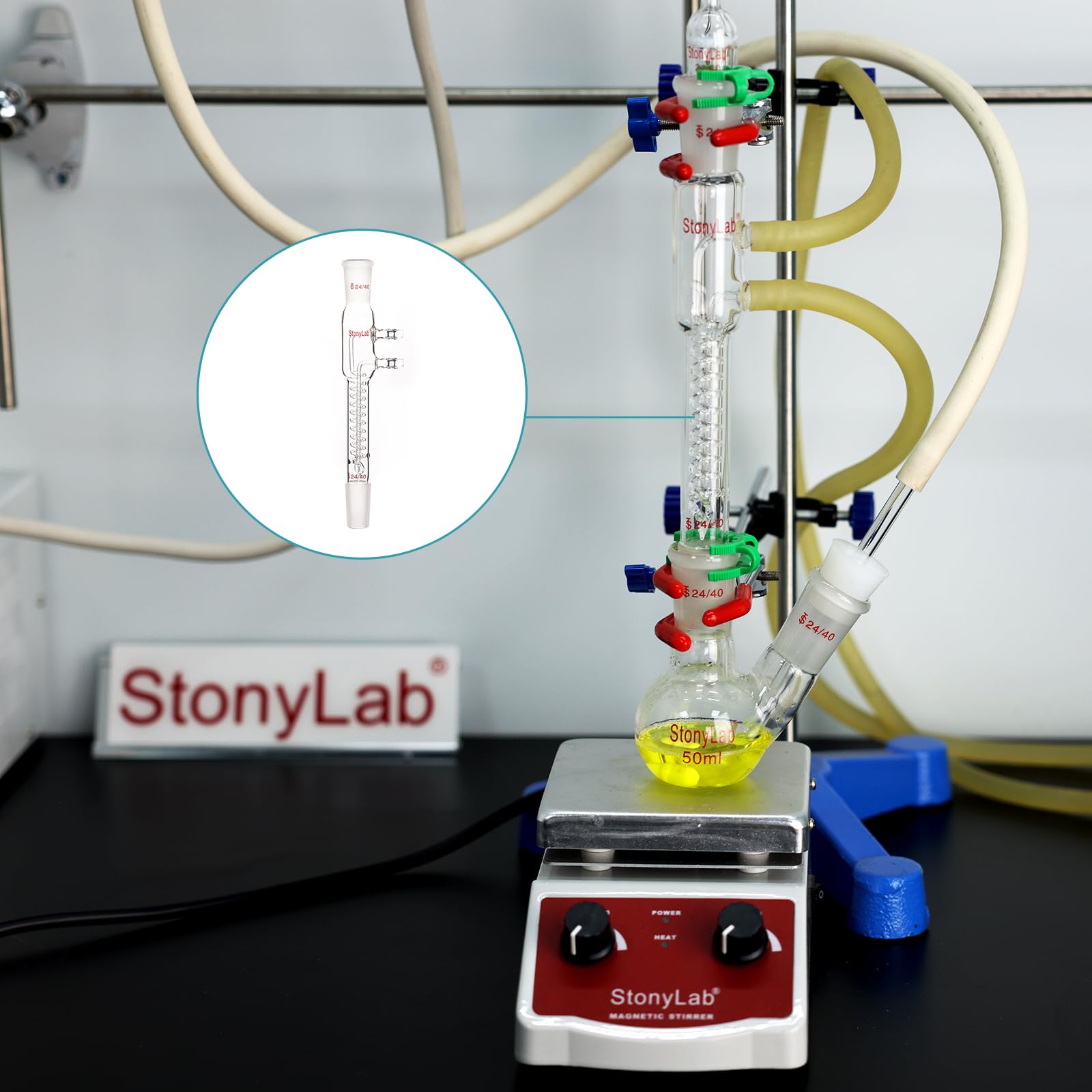 stonylab Condensatore a Riflusso a Bobina di Vetro, Vetro Borosilicato Condensatore a Bobina di Riflusso Dimroth con 24/40 Giunti e Raccordi per Tubi Flessibili, Lunghezza Totale 245 mm