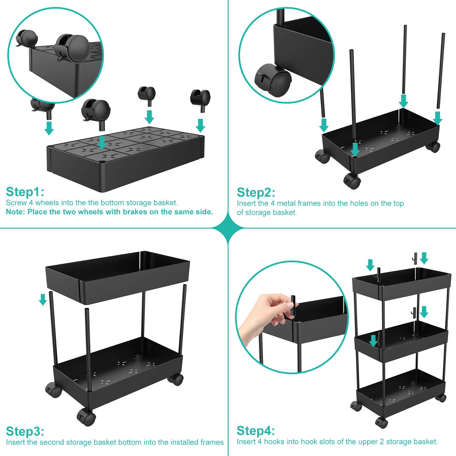 Storage Trolley,Bathroom Trolley 3Tier Slide Out Storage Cart Rolling