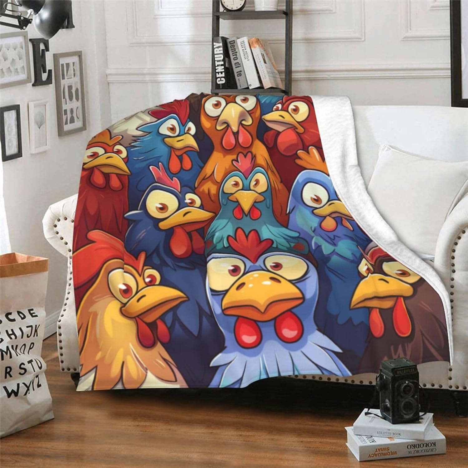 Funny Chicken Cartoon Blanket Gifts for Women Kids, Colorful Farm Rooster Theme Flannel Blankets, Warm Cozy Soft Throw for Bedroom, Camping, Couch, Decor 50x60 in