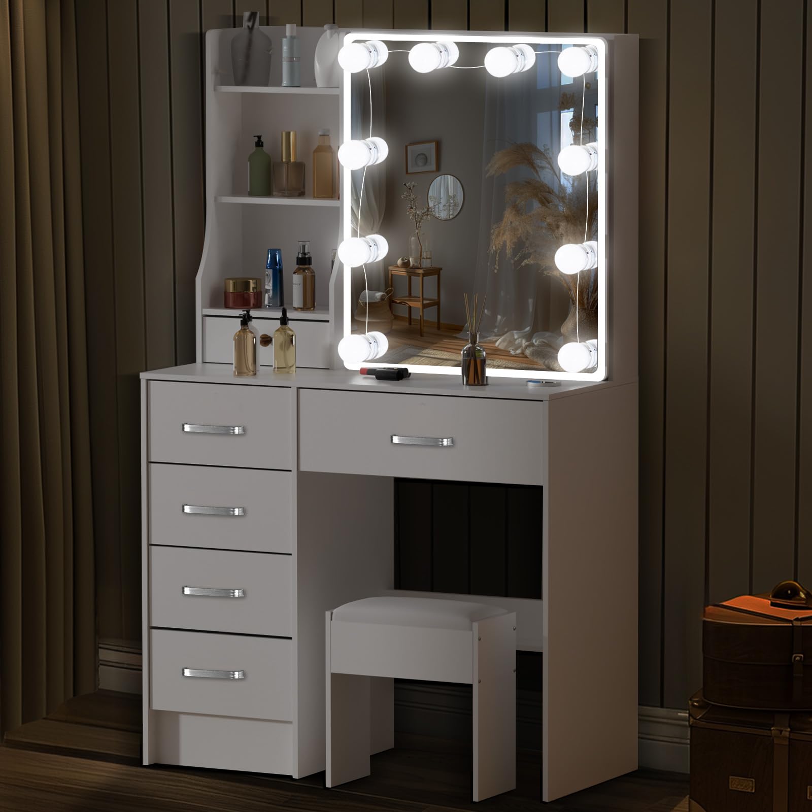Toeletta da Trucco con Specchio e Luci, Luminosità Regolabile, Tavolo Trucco con Sgabello, Design Moderno con 6 Cassetti e 6 Ripiani, 80x36x131cm Bianco 5A07