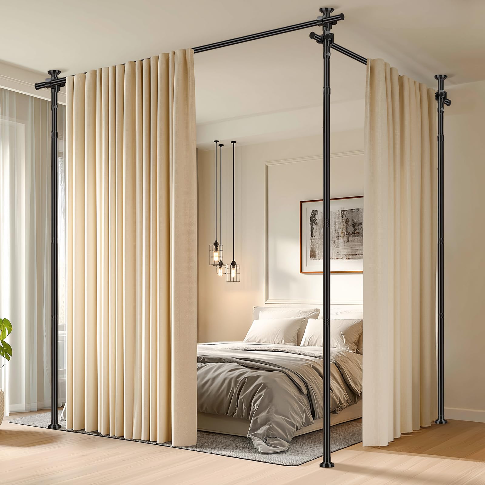 JILRON Barra de cortina sin agujeros, separador de espacios, barra de cortina de techo ajustable (H110-300 × B183-508 cm) para salón, apartamento de alquiler, negro