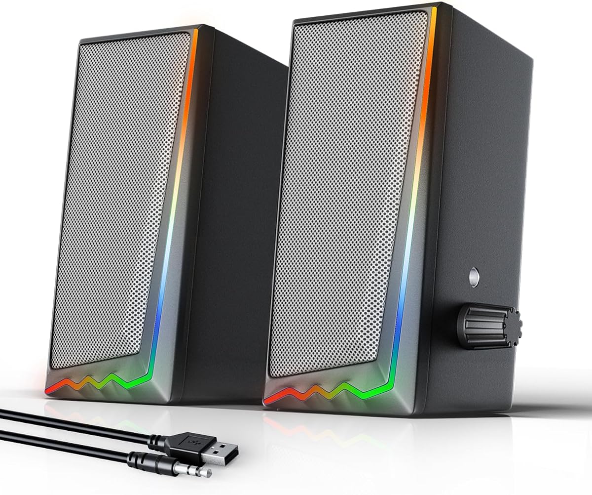 Computer Speakers, Desktop Speakers with Various Colorful LED, Gaming Speakers with Volume Control,for PC, AC Adapter Powered and 3.5mm AUX-in Computer Speakers