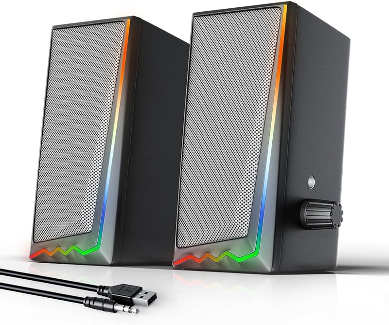 Computer Speakers, Desktop Speakers with Various Colorful LED, Gaming Speakers with Volume Control,for PC, AC Adapter Powered and 3.5mm AUX-in Computer Speakers