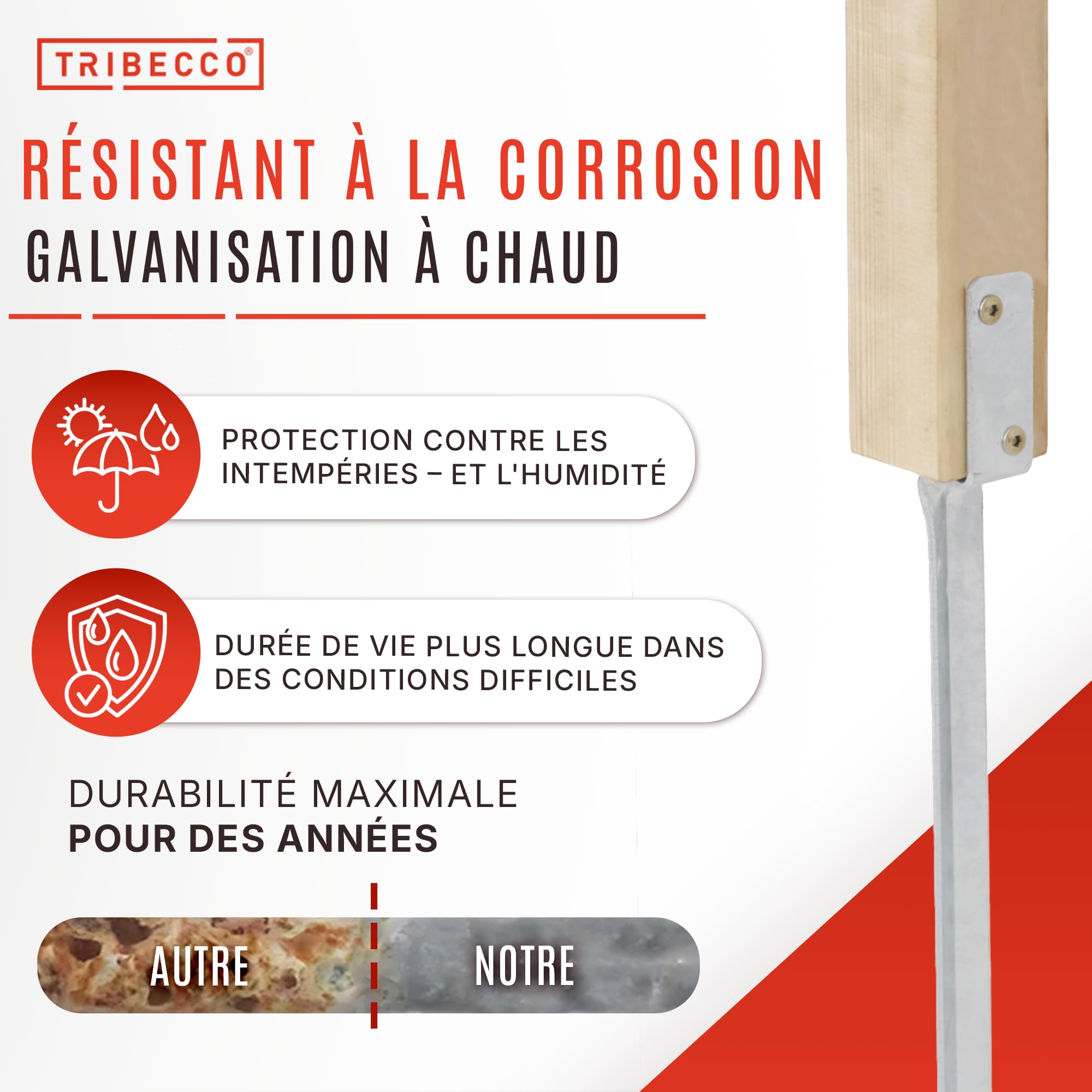 TRIBECCO Douille de sol à enfoncer en forme de L pour poteaux en bois carrés. Dimensions : 40 x 530 mm. Support de poteau en L à enfoncer dans le sol. Chaussure de support universelle en L en acier