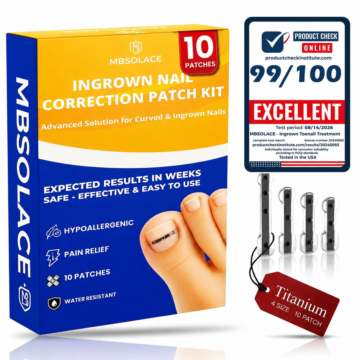 Premium Titanium Alloy Ingrown Toenail Treatment & Corrector Kit– Hypoallergenic Curved Toenail Corrector Strips– Toenail Straightener, Water-Resistant, Quick Relief, Easy Home Use, 10 Pcs in 4 Sizes