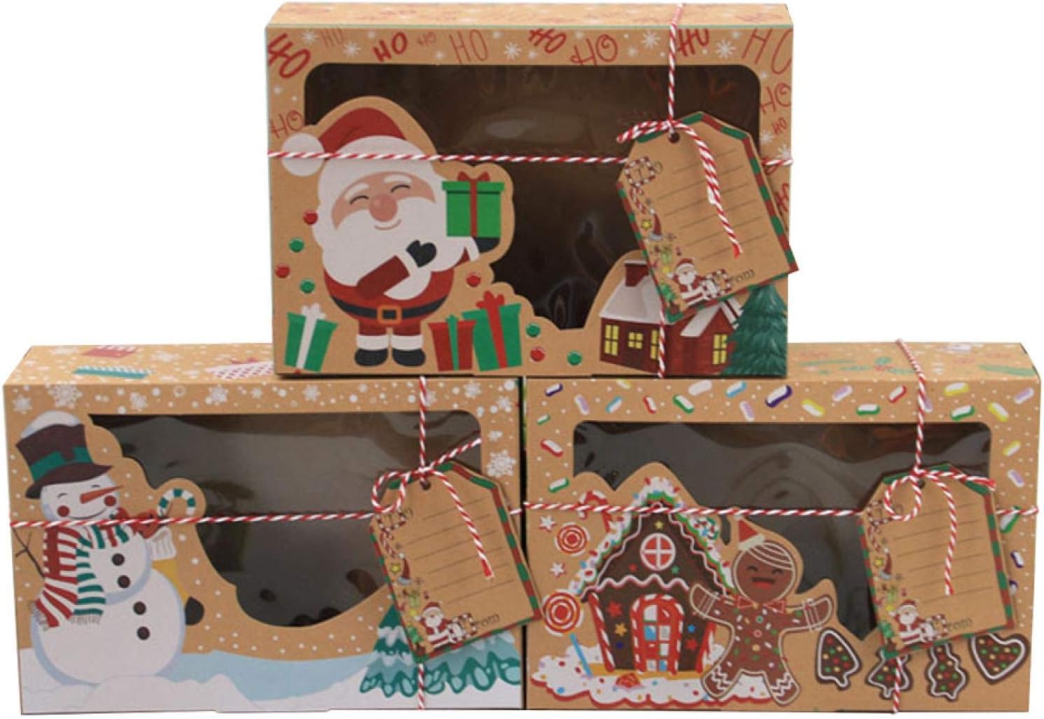 Christmas Cookie Boxes, 12 Pack Large Christmas Boxes Xmas Bakery Treat Boxes, Brown Paper Clear Window Candy Storage Case for Gift Giving Packaging, Bakery Food Container(Brown)