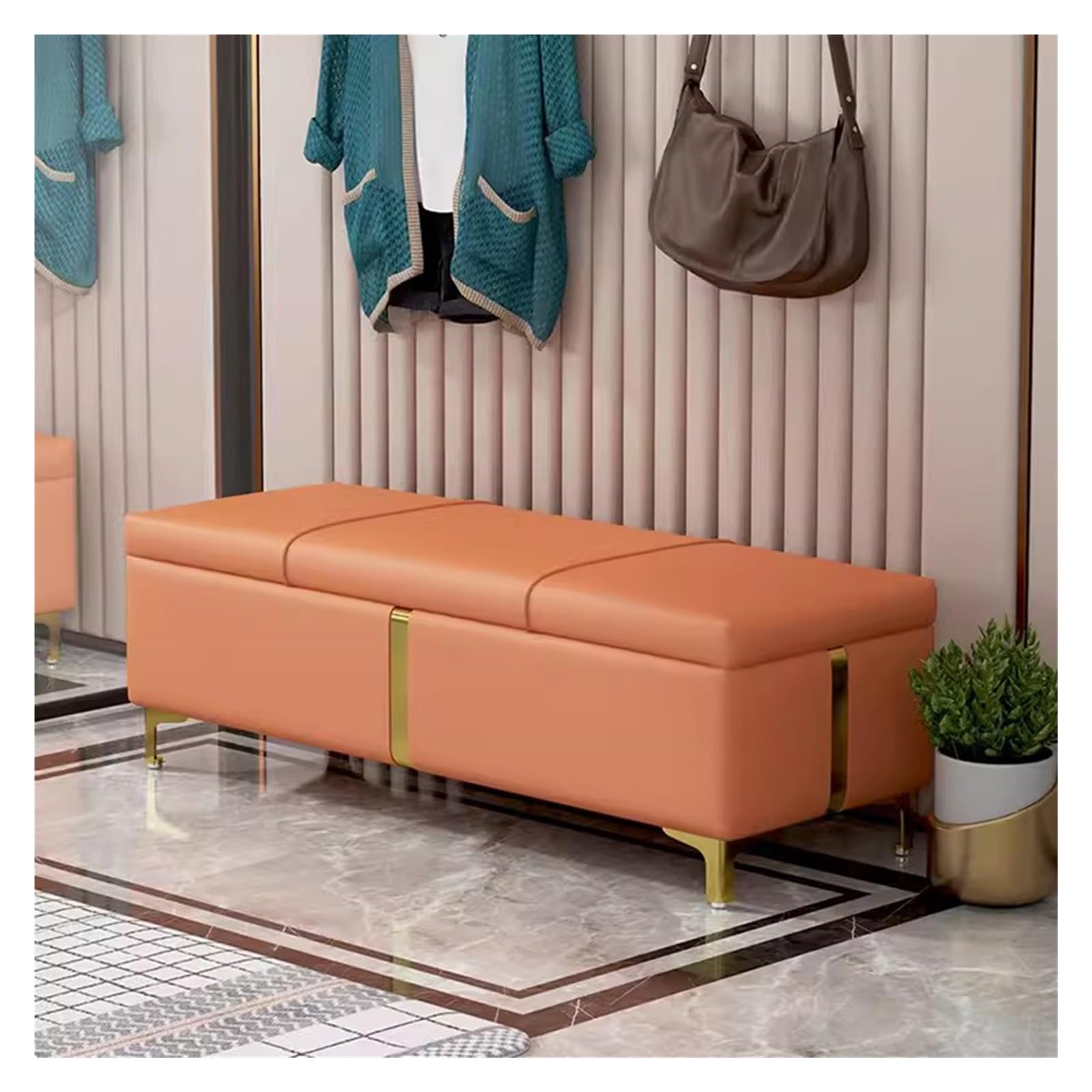 WDSOPK Storage Ottoman Faux Leather Storage Bench Bedroom Bench with Safety Close Hinge,Long Ottoman with Storage for Living Room,Entryway,Hallway,Foot Rest（Orange-80CM）