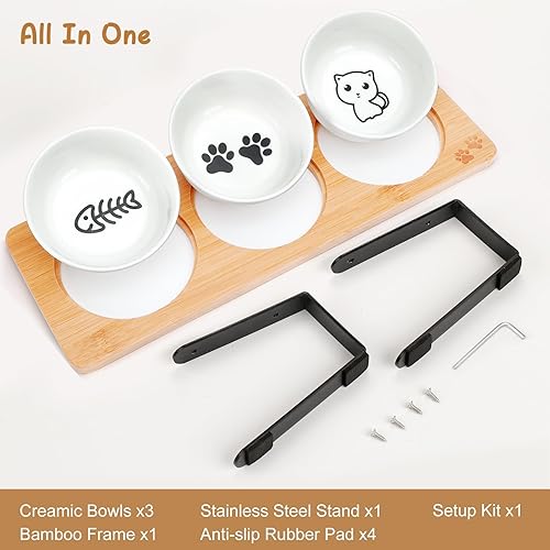 Miniatura 8 de 3 cuencos elevados para gatos inclinados antivómitos de cerámica elevados para alimentos y agua, platos para gatos de interior con soporte
