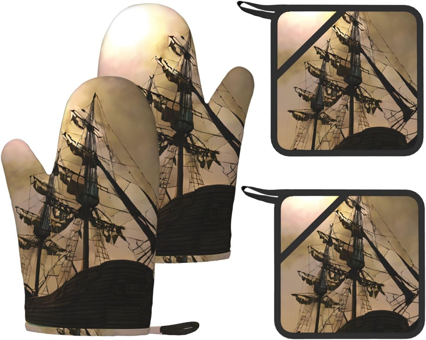 Cool Pirate Ship 4pcs Oven Mitts and Pot Holders Sets for Kitchen, Silicone Oven Gloves Non-Slip Potholders Hot Pads for Baking Cooking