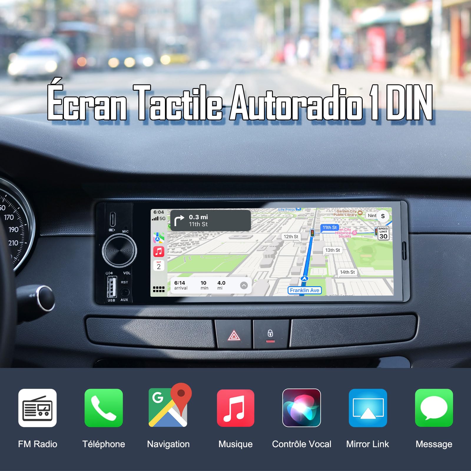 Autoradio 1 DIN, CarPlay Voiture & Android Auto sans Fil, Poste Radio Bluetooth Appels Main Libre, 6,36 Pouces HD Écran Tactile, Navigation GPS, Contrôle Vocal, AUX/FM, Mirror Link, USB Type-C