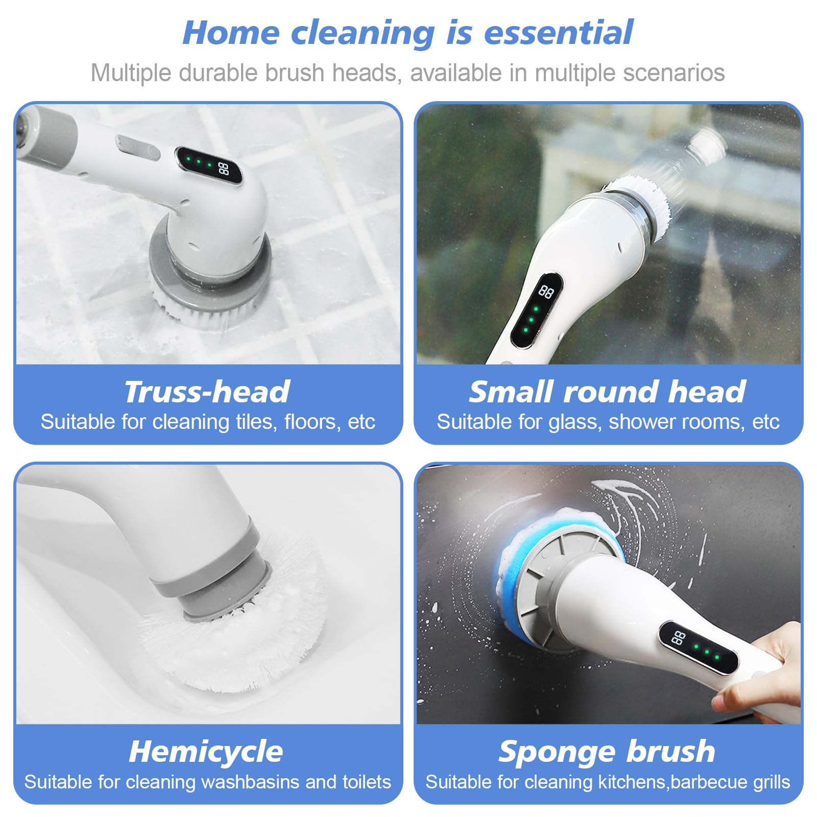 Cepillo Electrico Limpieza hogar, 9 en 1 Cepillo Limpieza Electrico, Gran Potencia con 3 Velocidades Ajustables, Electric Cleaning Brush para Baño, Suelo, Cocina, Coche, Azulejos