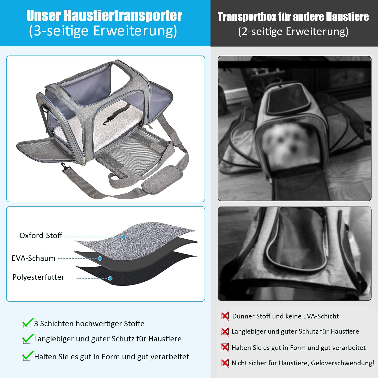 Transporttasche für Katze Hund, Hundetransportbox, Faltbare Katzentransportbox, tragbar, 5kg Katzen Hunde Tragebox, für mittelgroße Hunde, Katze (M, Grau) L 43 x B 28 x H 28 cm