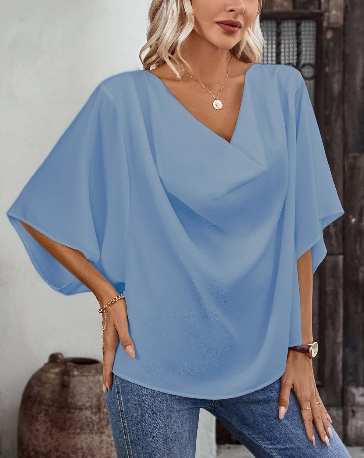 Women's Cowl Neck Batwing Sleeve Chiffon Blouse Guyana Ubuy