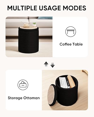 Miniatura 5 de Otomana redonda de almacenamiento Boucle de 14.6 pulgadas con tapa de bandeja, asiento de taburete plegable para reposapiés, mesa auxiliar, para