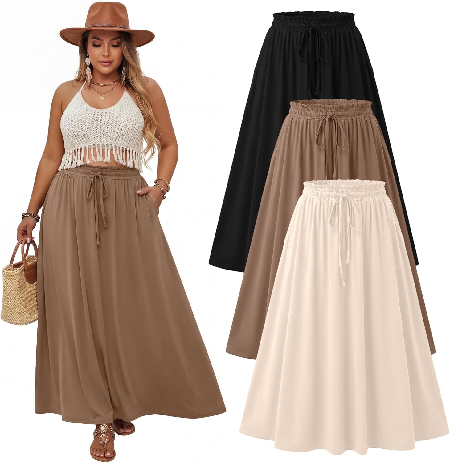3 Pack Plus Size Maxi Skirts for Curvy Women High Waist a Line Summer Long Holiday Boho Skirts with Pocket