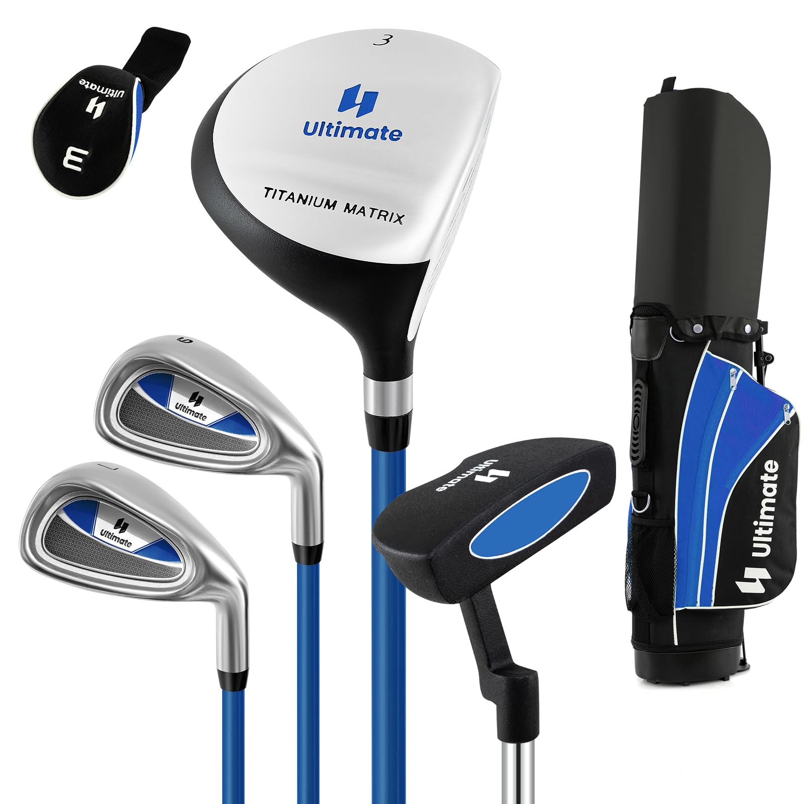 GYMAX ジュニアゴルフセット 子供用 ゴルフセット キッズ ゴルフ クラブ4本 右利き用 カバー付き キャディバック付き 初心者 (ブルー, 11〜13歳)