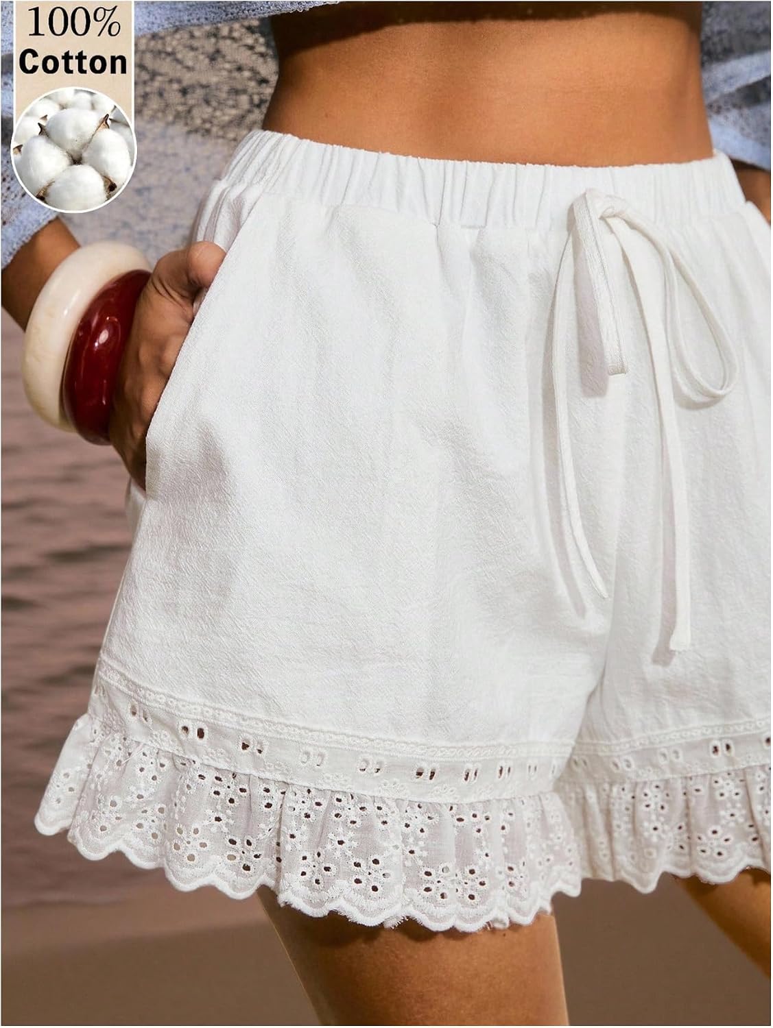 MakeMeChic Women's Boho Summer Linen Shorts Lace Ruffle Wide Leg Shorts Beach Resort Wear