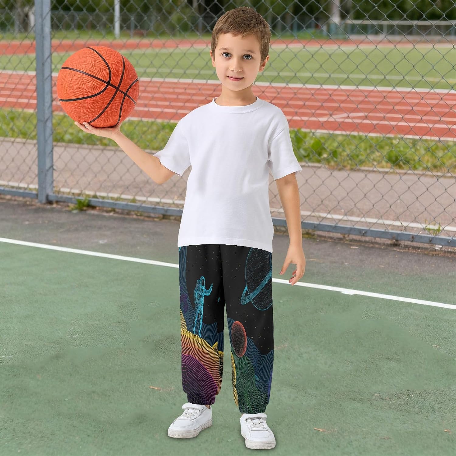 Boy Sweatpants Astronauts Neon Lines Cosmic Joggers Casual Athletic Pants Kids Elastic Waist Cuffed with Pockets