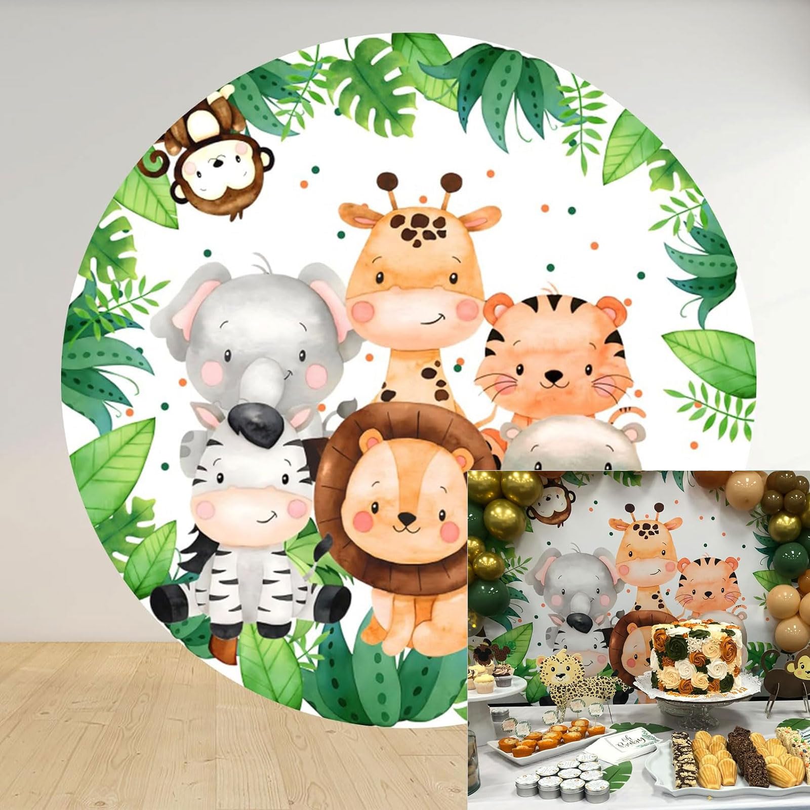 Yeele 5ft Safari Animals Round Backdrop Cover Jungle Forest Animals Tropical Plant Leaves Circle Backdrop Banner Safari Birthday Party Decoration