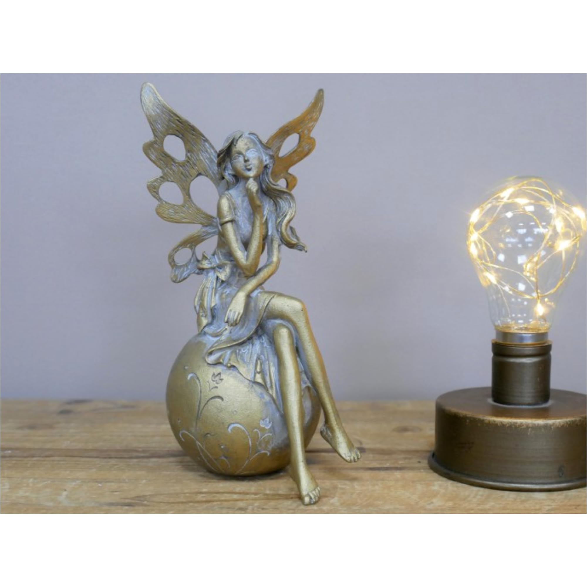 Fyne-Finds Gold Resin Fairy Sitting On Ball Ornament Magical Figurine Angel Statue Gift