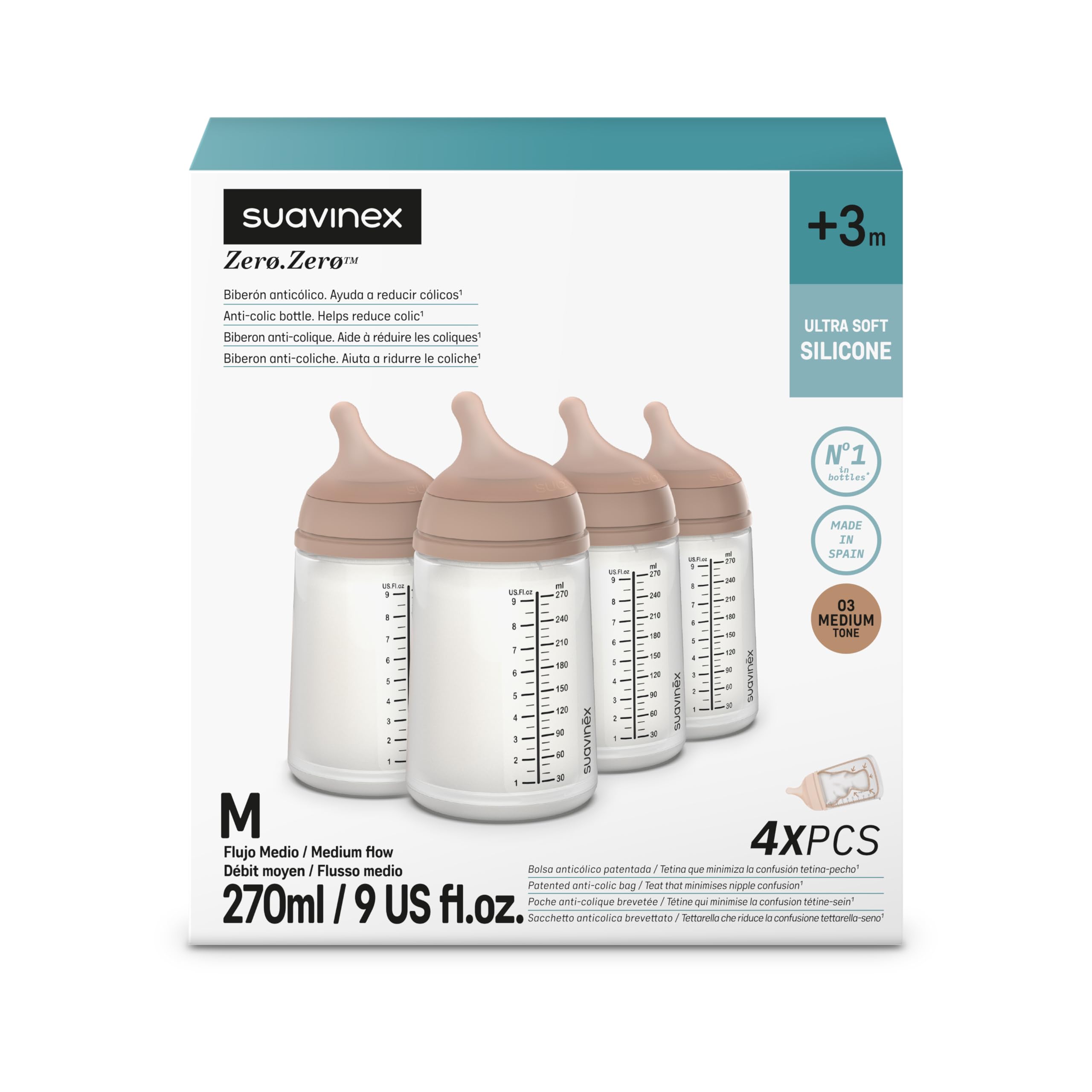 Suavinex, Pack 4 Biberons Anti-Colique Zero Zero 270 ml avec Tétine à Débit Moyen (M) en Silicone, Bébés +3 Mois, Lait Maternel, Poudre et Liquides Densité Moyenne, Compatible Allaitement, Medium