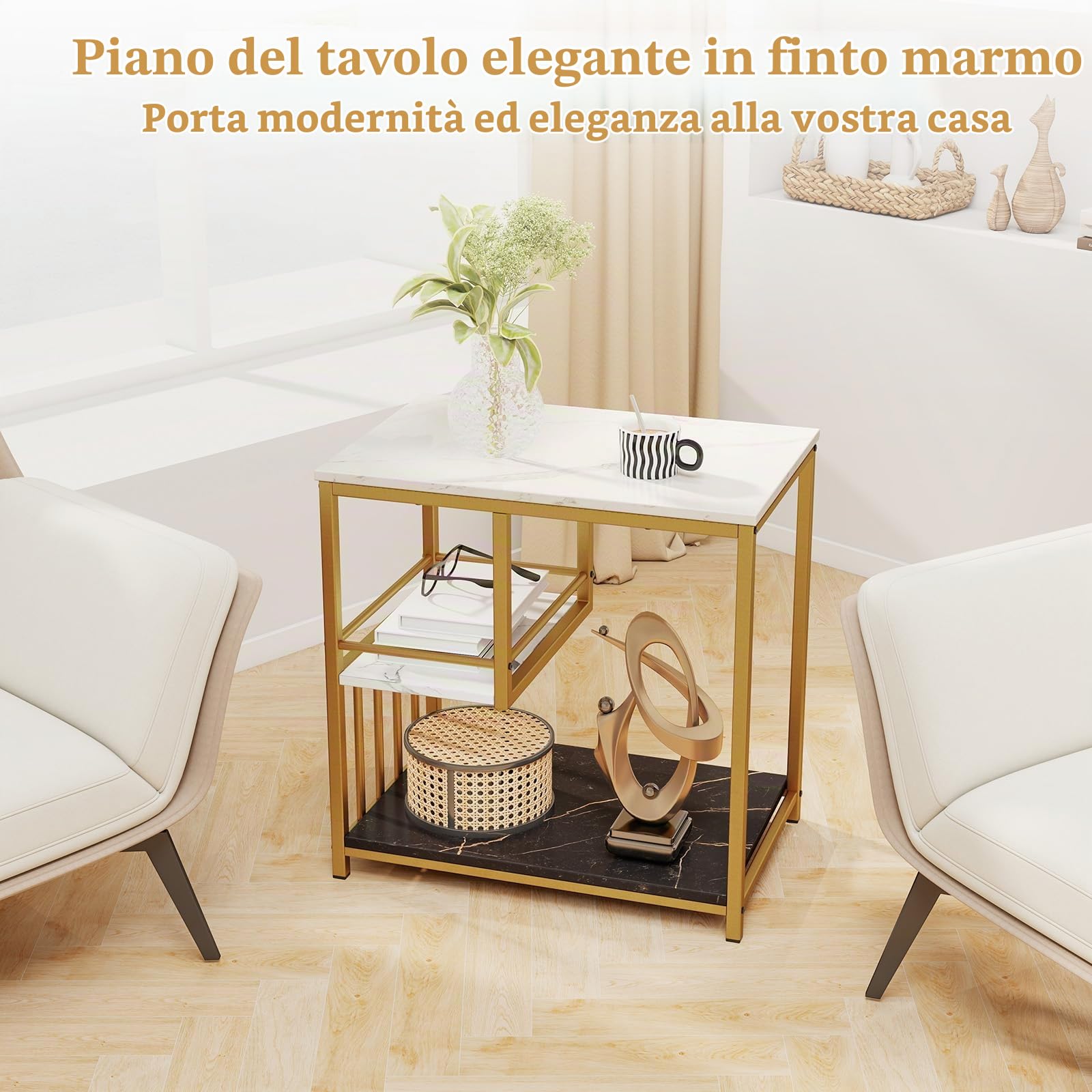 LIFEZEAL Tavolino Laterale da Divano a 3 Ripiani, Effetto di Marmo, Oro+Bianco, Tavolino Lato da Salotto Piccolo, Tavolino da Caffè, Decorativo, Moderno, Salvaspazio, Soggiono, Max 80kg, 60x40x60,5 cm