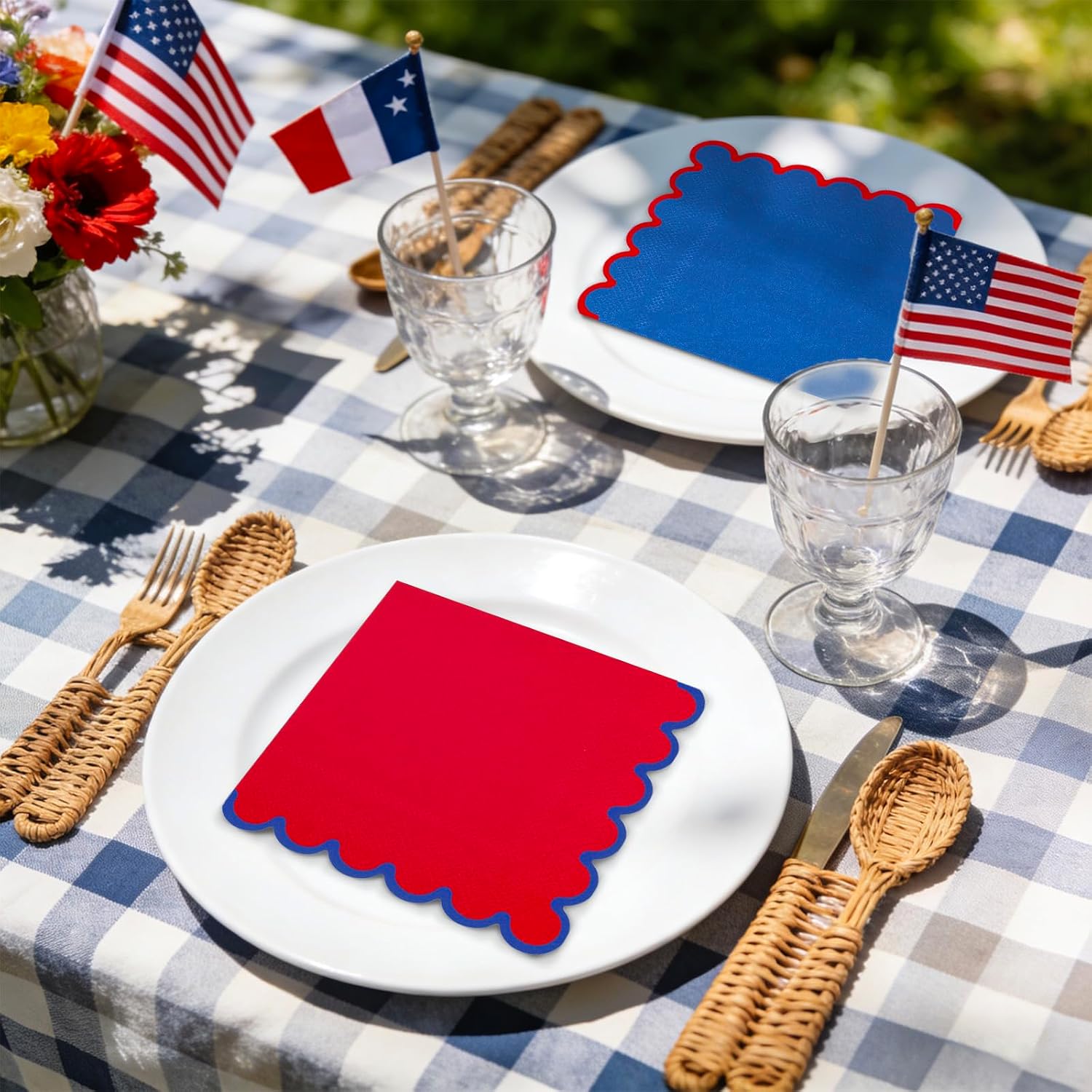 JarThenaAMCS 100 Pcs Patriotic Scalloped Cocktail Napkins Red Blue Paper Napkins Disposable Beverage Napkin for 4th of July Independence Day Spider Birthday Party Table Decor Supplies