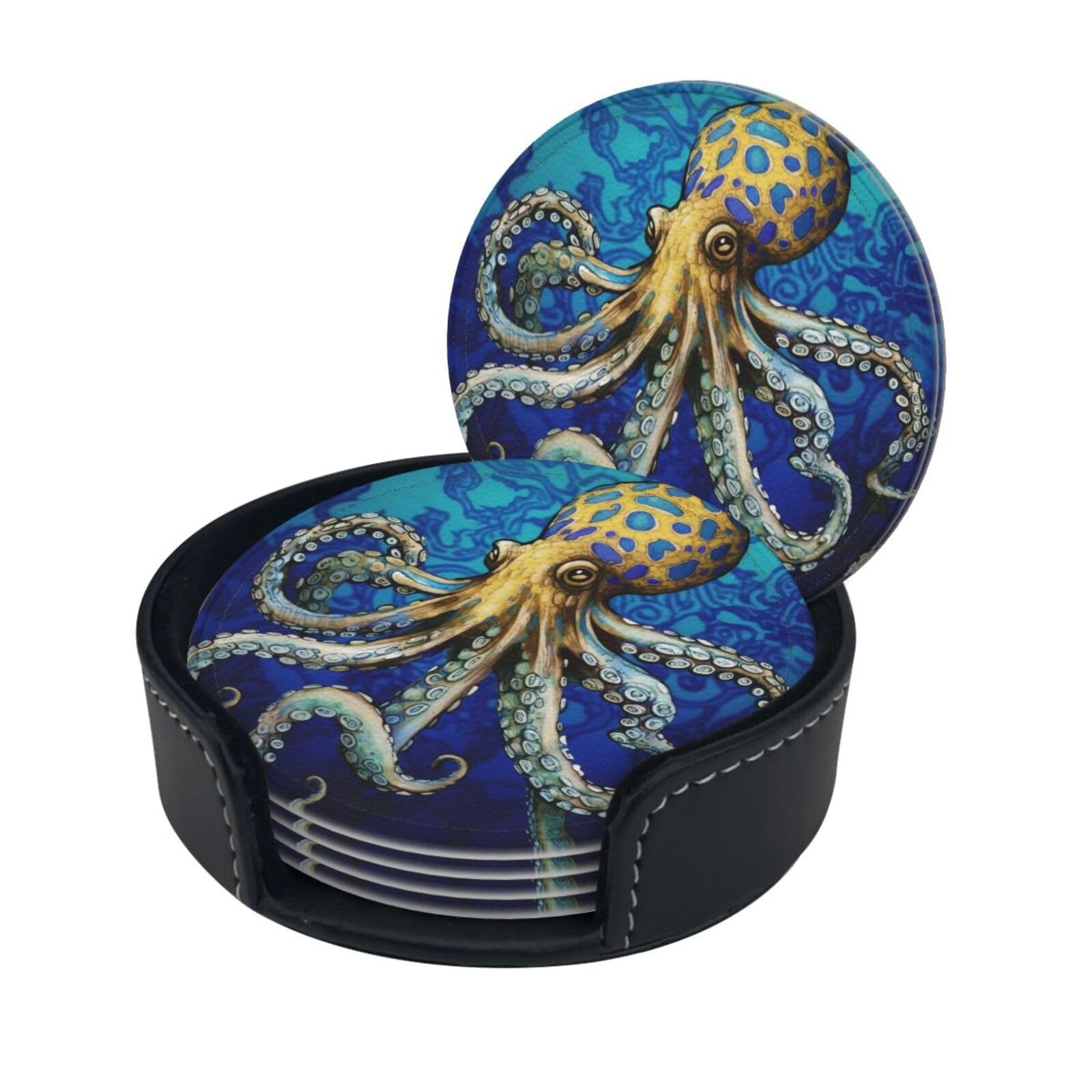 Stylish Coasters - Blue Ringed Octopus Set of 6 Round Leather Drink Coasters with Holder - Perfect Size for Cups and Glasses