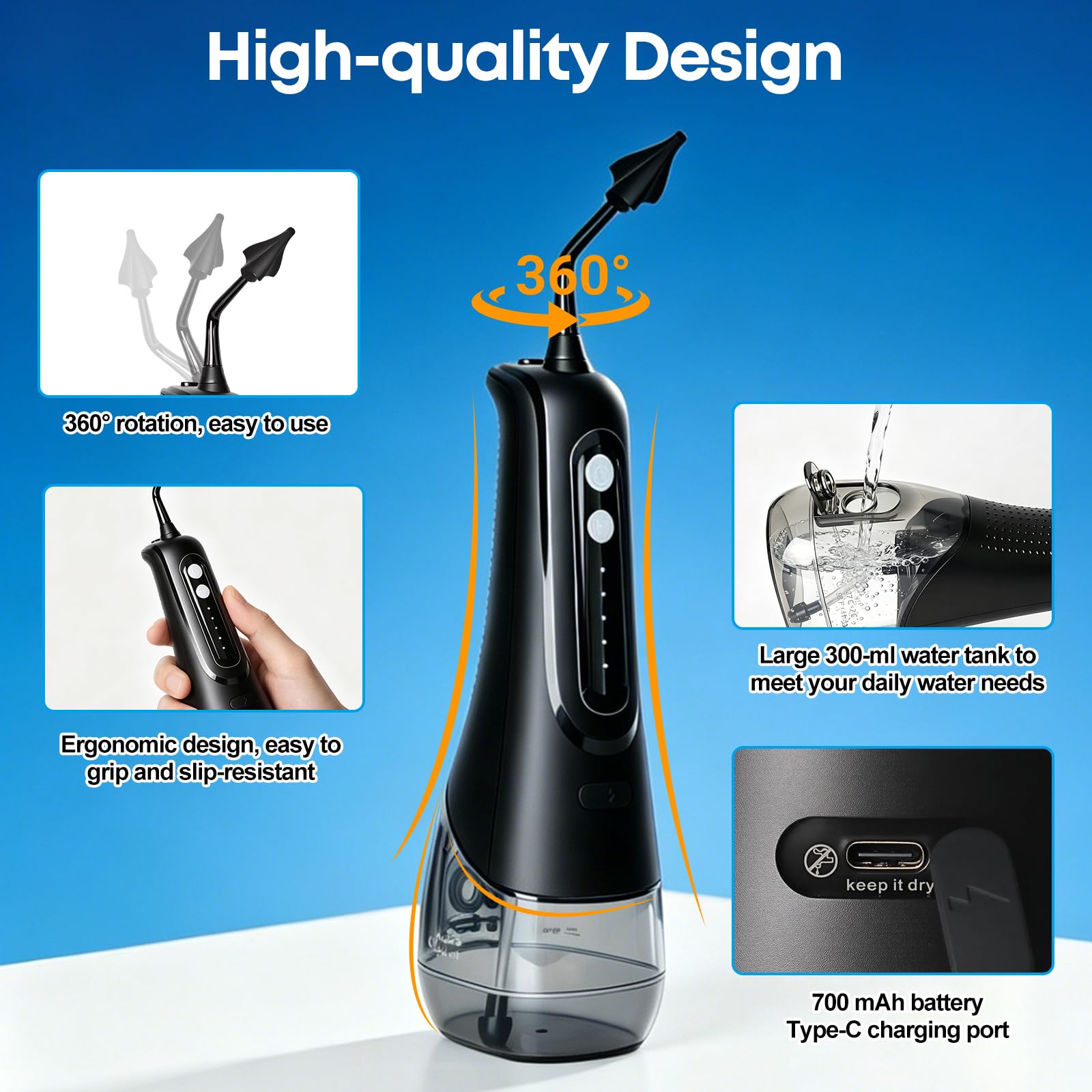 Nettoyeur d'oreille électrique avec 4 modes de pression, étanche IPX7, douche d'oreille avec 4 buses, rinçage des oreilles pour usage domestique, nettoyant auriculaire pour enfants adultes, noir