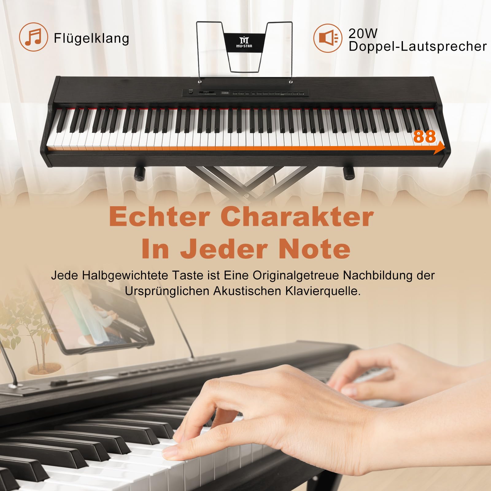 MUSTAR E Piano numérique 88 touches, clavier semi-lesté et Bluetooth, kit portable avec pédale de sustain, support de clavier et sac de transport (noir et banc de piano)