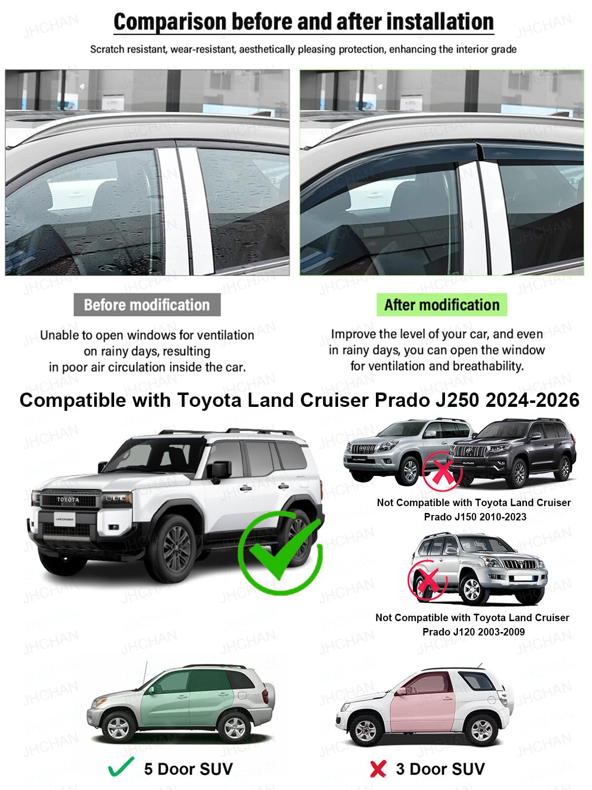 Déflecteurs d'air | Compatible avec : Toyota Land Cruiser Prado J250 (2024-2026) Accessoires MK5 4 pièces | Protection contre le vent, la pluie et le soleil, installation facile, teintées