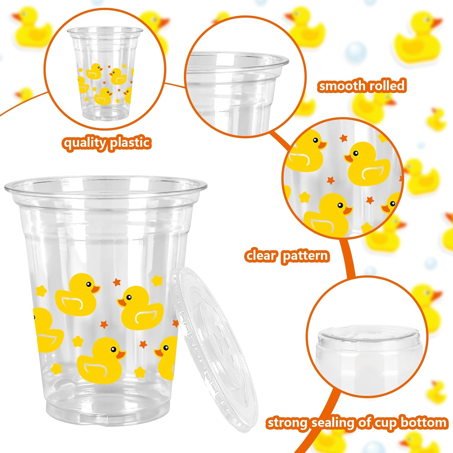 JarThenaAMCS 50Pcs Summer Rubber Duck Plastic Cups with Lids and Straws Cute Duck Clear Plastic Cups 12oz Yellow Disposable Cup for Birthday Baby Shower Party Supplies - Image 3
