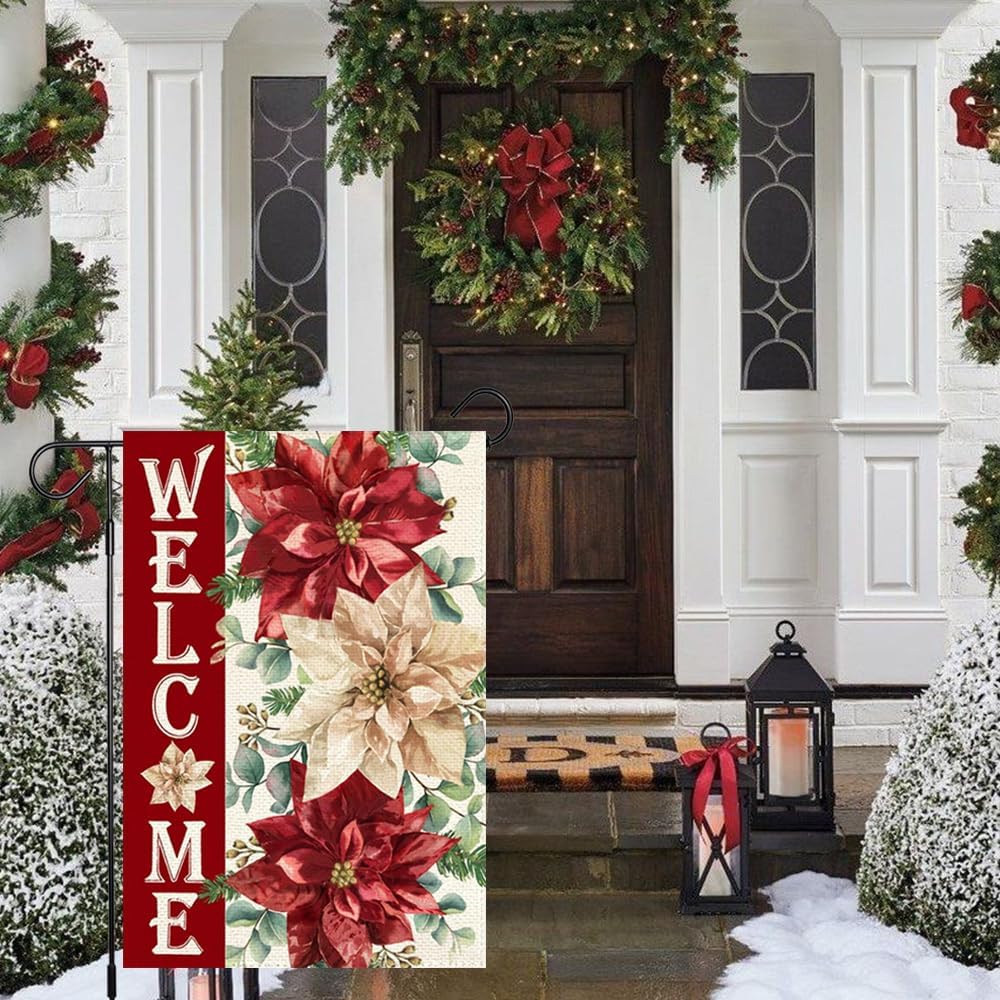 Winter Christmas Poinsettia Garden Flag 12x18 Inch Double Sided Outside, Welcome Floral Xmas Holiday Outdoor Seasonal Yard Decoration - Image 4
