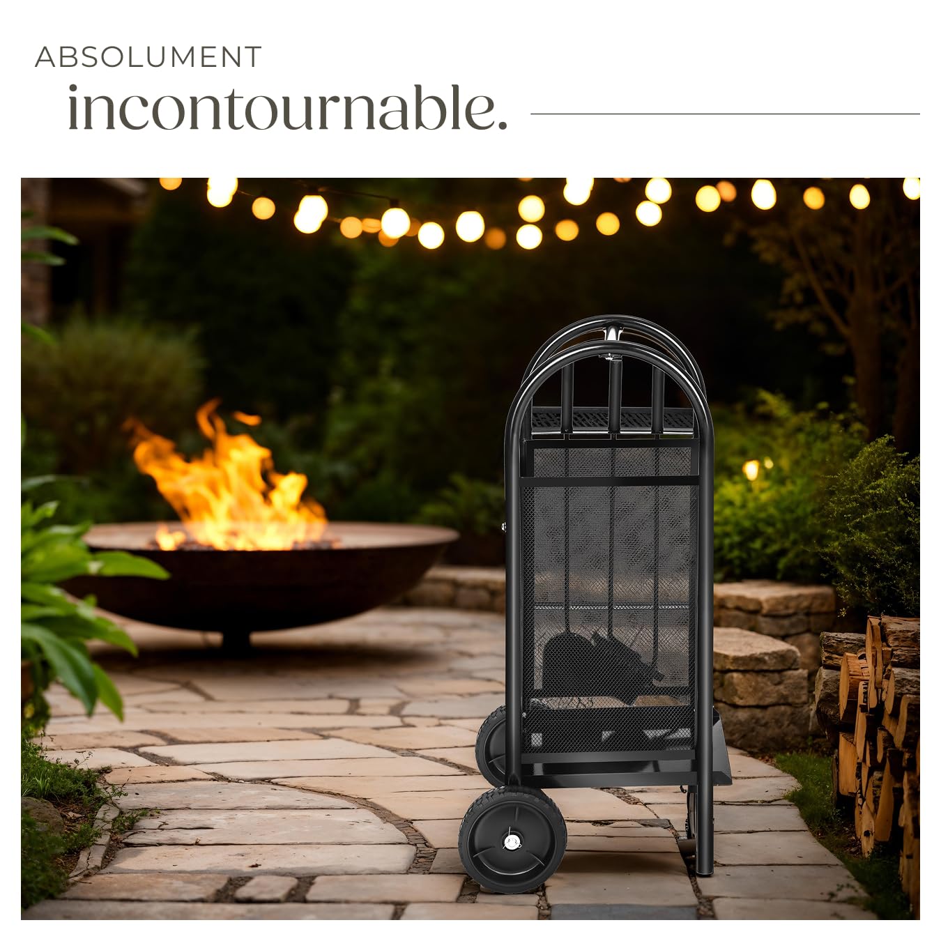tectake® Chariot à buches, Capacité de Charge 35 kg, Inclus Tisonnier, Balai, Pelle cheminée, Chariot à roulettes, Serviteur cheminée, Range buche Interieur, Rangement Bois Interieur, Range-bûches