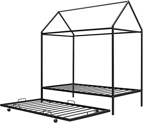 Miniatura 98 de Cama de casa de tamaño individual con diseño de valla y techo, marco de cama de metal, marco de cama de piso doble, base de cama Montessori de Color