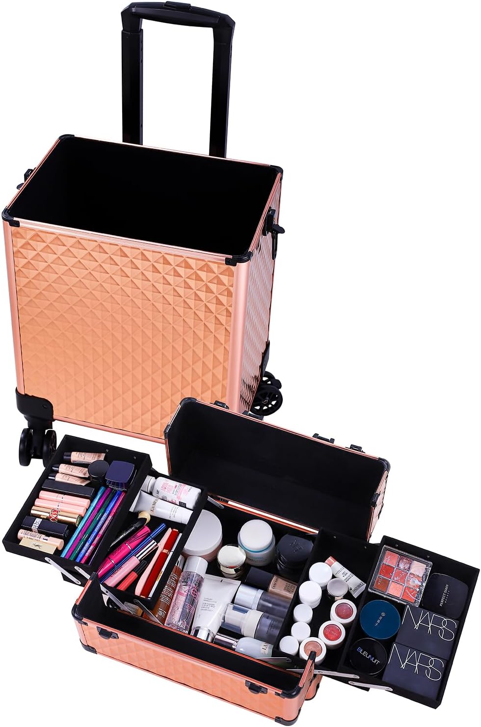 Karl home 4 in 1 Makeup Train Case Rolling Cosmetic Trolley Large Capacity Travel Organizer with Key 360°Swivel Wheels Suitcase for Beauticians Hairstylists Nail Tech Students, Rose Gold