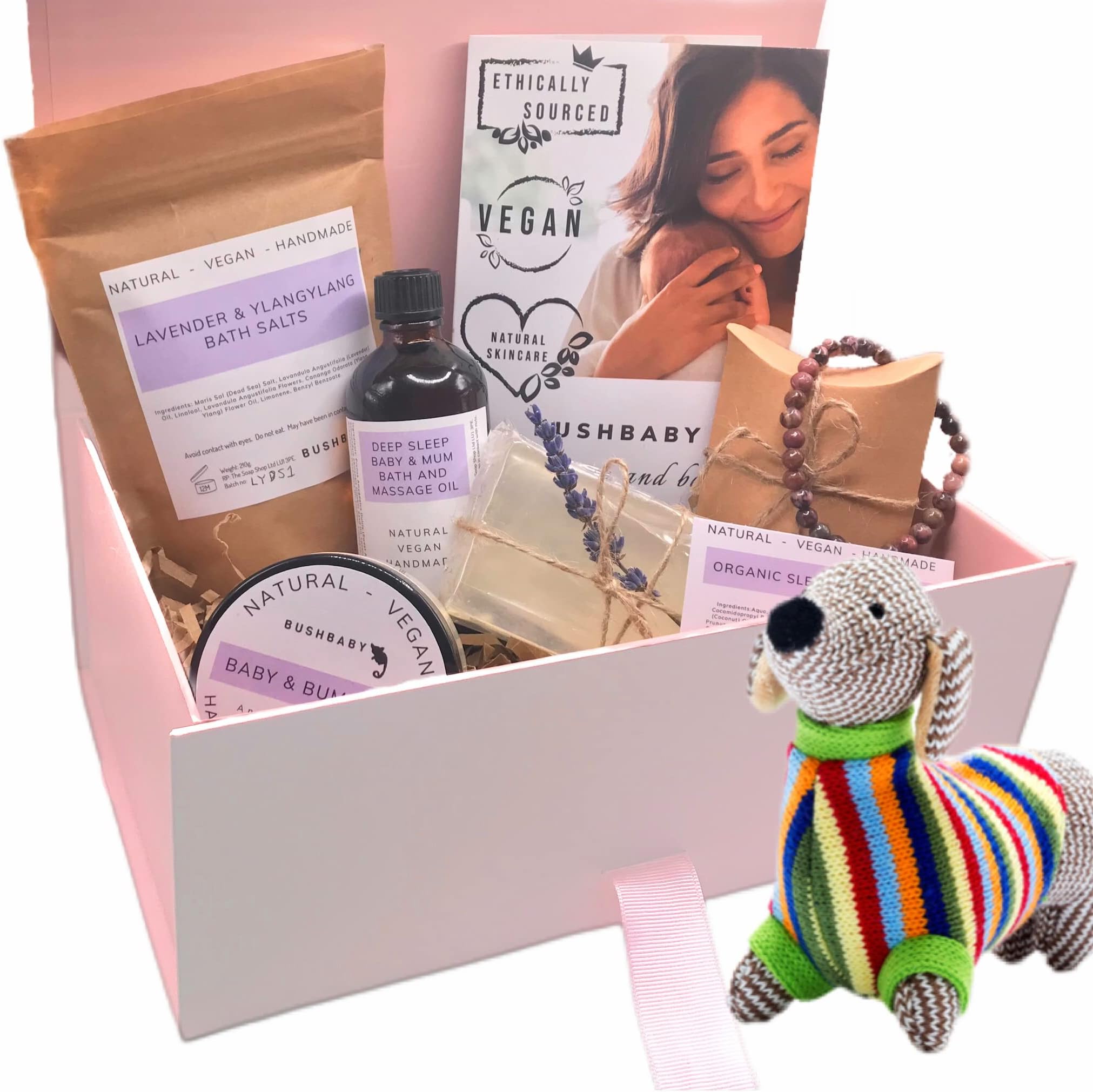 BUSHBABY Natural Vegan Mum and Baby Pamper Kit, Ethically Sourced Pregnancy Gifts for Mum Expecting, New Mummy to be Shower Gift Hamper, Mom Maternity Newborn Essentials Present Bundle (Sausage Dog)