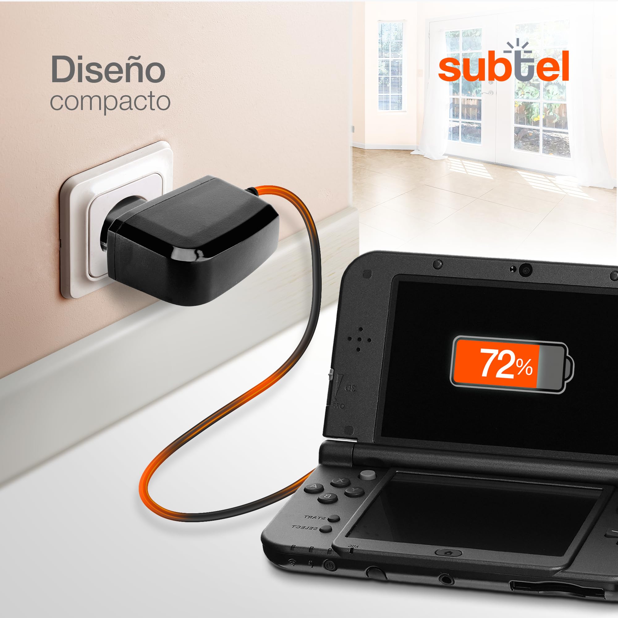 subtel Cargardor Compatible con Nintendo DSi XL, New 3DS, 3DS, DS | System Conector, 1,1m, 100V - 250V, para Nintendo New 3DS XL, 3DS XL, DSi, 2DS, 2DS, WAP-002